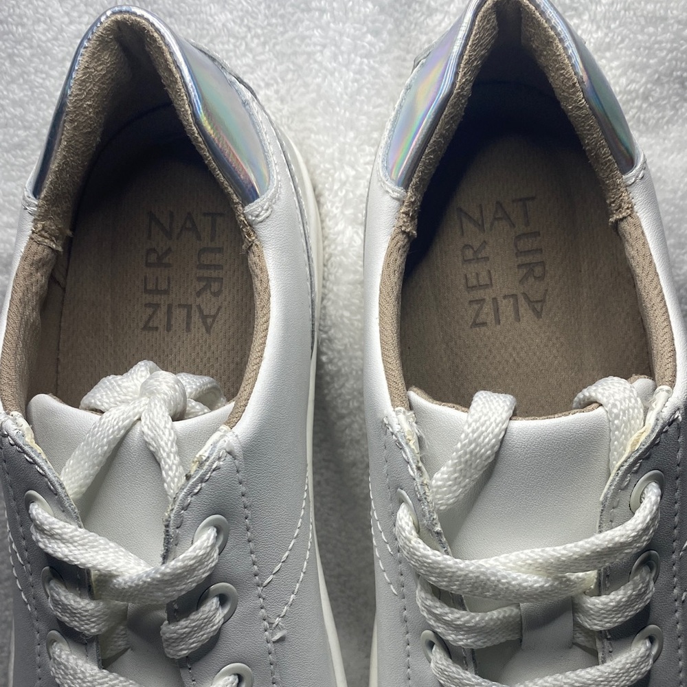 Naturalizer White Leather Lace-Up Sneakers with Iridescent Heel Accent